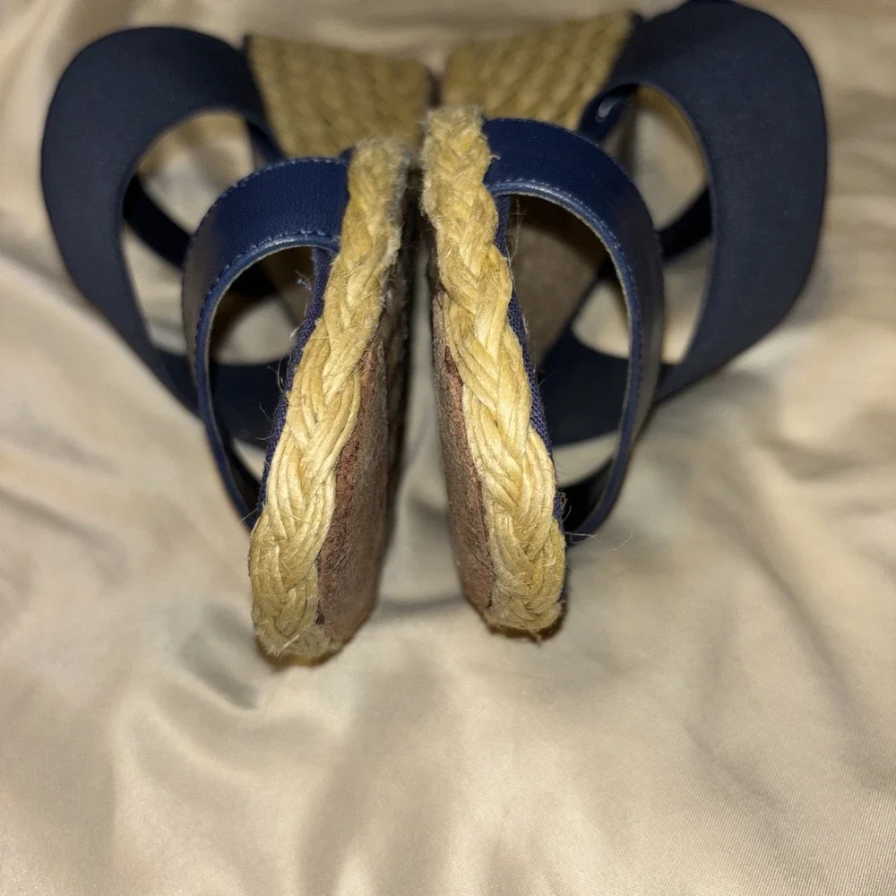 LRL Ralph Lauren 10 B Carminda Navy Blue Wedge Sandals Espadrille Jute Slingback